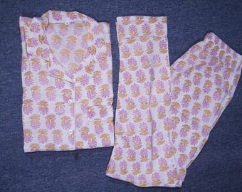 Handmade Cotton Pajama Set Women, White Pink Block Print Night Suit, Comfortable Sleepwear, Button Down Lounge Wear