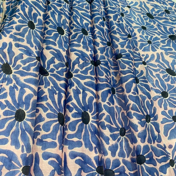 Pink Base Blue Floral Hand Block Cotton Fabric – Soft Lightweight Material for Dressmaking, Quilting, Crafts & Home Décor