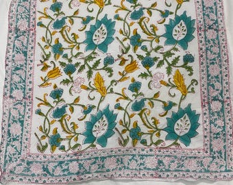 Handmade Indian Block Print Bandana • Teal Green & Mustard Floral Cotton Scarf • Boho Head Wrap • Square Bandana