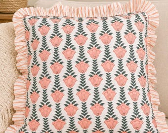 Handmade Peach Floral Cushion | Block Print Cotton Pillow | Ruffled Throw Pillow | Boho Bedroom Decorr