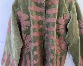Olive Green Velvet Suzani Jacket | Dusty Rose Embroidered Coat | Handmade Boho Floral Outerwear | Artisan Ethnic Wear