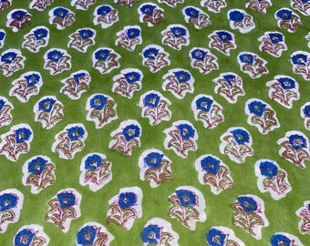 Hand Block Printed Cotton Fabric | Olive Green with Blue Floral Motif | Indian Boho Textile for Sewing, Dressmaking & Crafts