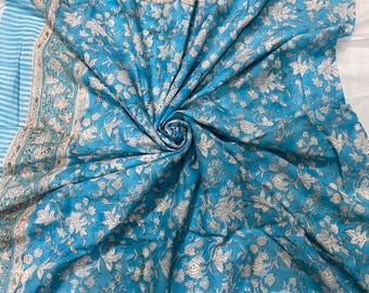 Sky Blue & White Block Printed Sarong 44x72 Inches | Floral Soft Cotton Wrap | Beach Cover Up | Bohemian Style