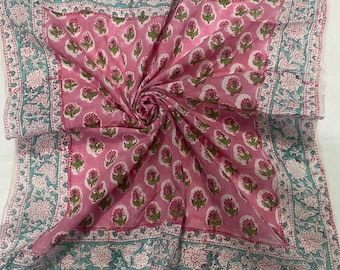 Pink & Turquoise Floral Block Print Cotton Scarf | Handmade Indian Square Bandana | Boho Head Wrap | Traditional Fabric (21x21 Inches)