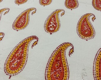 White Base Paisley Hand Block Print Cotton Fabric, Yellow & Red Indian Boho Floral Printed Textile for Quilting Sewing Decor