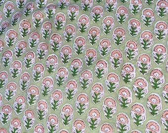 Floral Hand Block Print Fabric | Soft Green Cotton Material by the Yard | Indian Textile for Sewing, Quilting & Dressmaking”