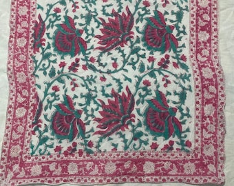 Pink & Green Block Print Bandana • Handmade Floral Cotton Square • Boho Indian Head Scarf”