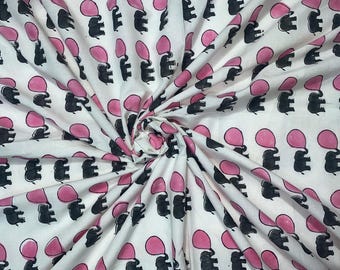 Playful block print design of elephants and pink balloons on white fabric – great choice for baby clothes, quilts, and crafting block print
