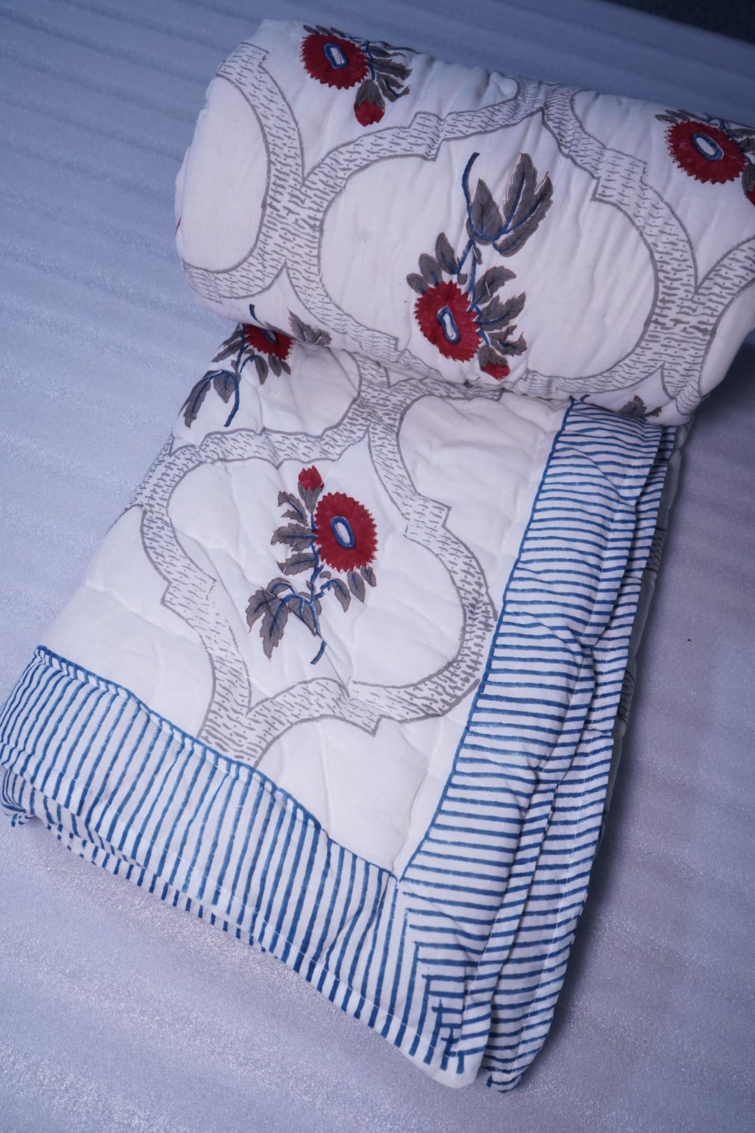 Red Razai Red Floral Block Print Cotton Quilt, Handmade Indian Razai Blanket ...