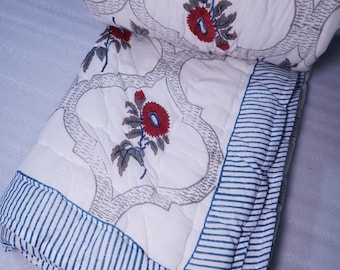 Red Floral Block Print Cotton Quilt, Handmade Indian Razai Blanket, Cream Reversible Bedspread with Blue Striped Border, Jaipur Bedding