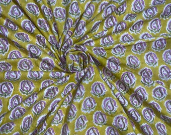 Yellow Hand Block Printed Cotton Fabric with Pink and Green Floral Buti – Indian Fabric by the Yard for Curtains, Dresses, Pillows