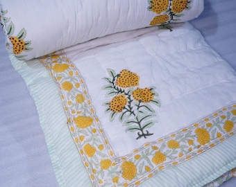 Jaipur Yellow Marigold Block Print Cotton Razai Quilt, Handmade Indian Bedspread, Soft Cotton Bedding
