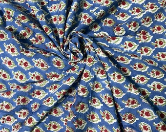Blue Floral Block Print Cotton Fabric, Hand Block Printed Indian Fabric, Red Flower Print Cotton Cloth for Dressmaking Quilting Home Decor