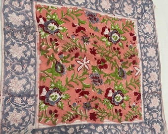 Handmade Indian Floral Block Print Cotton Scarf | Orange, Green  Blue Boho Bandana Traditional Square Head Wrap Cotton Scarf  (21x21 Inches)