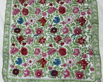 Handmade Indian Block Print Bandana • Multicolor Floral Cotton Scarf • Green Pink Burgundy & Blue Boho Head Wrap  Traditional Square Bandana