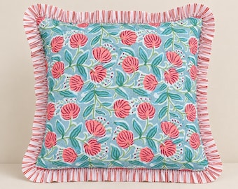 Handmade Block Print Floral Pillow Cover, Blue Cotton Cushion Cover with Ruffled Trim, Boho Decorative Throw Pillow, Indian Home Decor