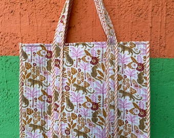 Pink and Mustard Jungle Print Tote | Handmade Quilted Fabric Shoulder Bag | Boho Market Bag