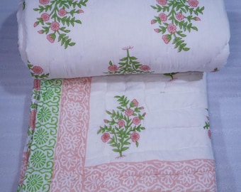 Jaipur Pink Floral Block Print Cotton Razai Quilt, Handmade Indian Bedspread, Soft Cotton Bedding