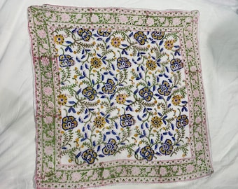 Blue Floral Hand Block Print Cotton Bandana • Indian Boho Head Scarf • Green Border Square Scarf • Handmade Bandana