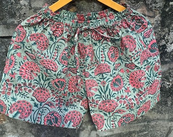 Handmade Block Print Sleep Shorts | Sage & Red Floral 'Bagh' Print Lounge Shorts | Soft Cotton Pyjama Bottoms | Ethical Boho Wear