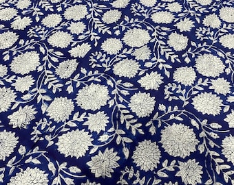 Dark Blue Floral Hand Block Print Cotton Fabric by Yard – White Flower Design – Soft Indian Dressmaking & Home Décor Material