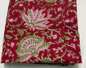 Red Base Print Cotton Fabric – Pink Green Hand Block Print Material, Sewing Craft Fabric, Dressmaking Fabric by the Yard