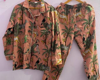 Jungle Print Cotton Pajama Set for Women, Safari Animal Night Suit, Handmade Sleepwear, Comfortable Loungewear