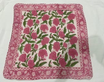 Hand Block Printed Cotton Scarf | Pink &Green Floral Bandana (21x21 Inches)