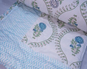 Blue Floral Block Print Cotton Quilt Handmade Indian Razai Blanket, Reversible White Bedspread with Green Border