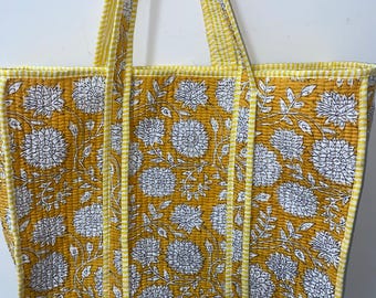 cotton flower Print handmade Tote Bags Indian style Boho Quilted Bags women wear Tote Bags and shopping bags yellow tote bags gift for her
