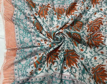 Hand Block Printed Cotton Sarong 44x72 Inches | Teal & Rust Floral Wrap | Artisan Indian Bohemian Cover Up