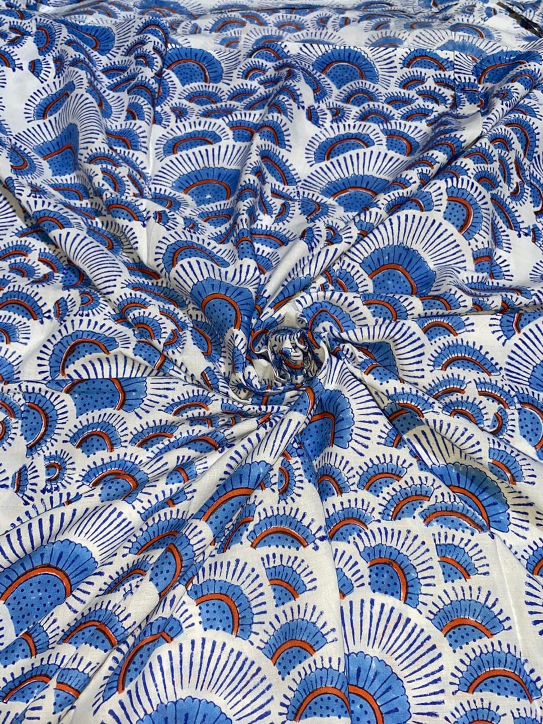 Blue & White Abstract Hand Block Print Cotton Fabric – Lightweight Soft ...