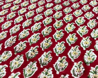 Red Base Floral Hand Block Print Cotton Fabric, Indian Flower Printed Textile for Quilting, Sewing, Dressmaking & Home Decor