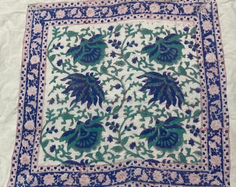 Handmade Indian Block Print Bandana • Blue & Green Floral Cotton Scarf • Ethnic Boho Head Wrap • Traditional Square Bandana
