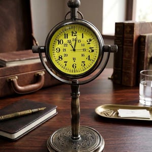May include: A metallic desk clock with a bright yellow face featuring both 12-hour and 24-hour time markings. The clock is mounted on a swivel frame supported by a decorative pedestal base with an intricate embossed pattern and a top winding knob.