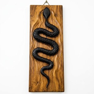 May include: A rectangular wooden wall plaque featuring a deeply carved, black-painted snake in a winding, S-shaped pattern. The natural light brown wood grain is visible around the relief, and a metal hanging loop is attached to the top centre.