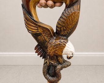 Hand-Carved Eagle Snake Wooden Cane, Vintage Rustic Walking Stick, Glossy Polished Wood| Three Fold Style