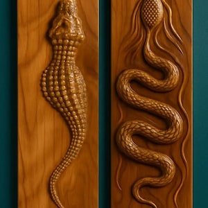 Conjunto de arte mural de caimán y serpiente tallados a mano en madera, tallado de vida silvestre en 3D, decoración rústica de granja, regalo único para él, arte de reptiles.