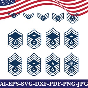 Könnte beinhalten: Eine Sammlung dunkelblauer militärischer Rangabzeichen, darunter Winkel und Embleme mit Sternen, vor weißem Hintergrund. Die amerikanische Flagge befindet sich in der oberen linken Ecke. Der Text "AI-EPS-SVG-DXF-PDF-PNG-JPG" steht unten.