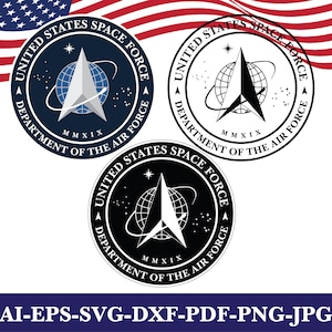 May include: Three United States Space Force emblems in navy blue, black, and white. Each circular emblem features a stylized arrow, a globe, and the text "UNITED STATES SPACE FORCE" and "DEPARTMENT OF THE AIR FORCE". The Roman numeral "MMXIX" is also present.