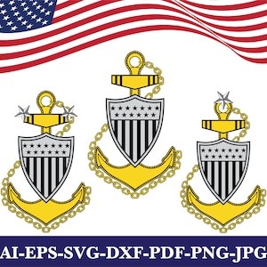 May include: Three gold and silver anchor emblems with a shield design, featuring stars and stripes, are displayed against a white background. The emblems are linked with gold chains. An American flag waves in the background.
