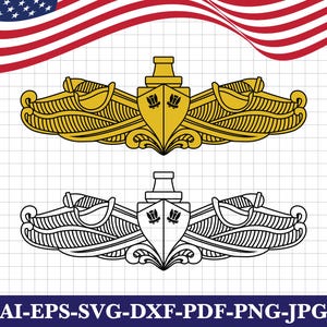 May include: Gold and black military insignia featuring a ship design with a sword on each side. The image includes a gold version and a black and white version of the insignia. The American flag is in the background.