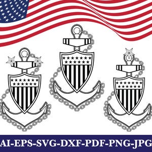 May include: Three black and white anchor designs with a shield featuring stars and stripes, connected by chains. The background includes a waving American flag. The bottom of the image has text: AI-EPS-SVG-DXF-PDF-PNG-JPG.