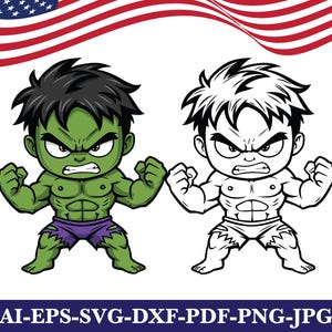May include: Two cartoon illustrations of the Hulk. One is colored green with purple shorts, the other is a black and white outline. The American flag is in the background. The bottom of the image has the text: AI-EPS-SVG-DXF-PDF-PNG-JPG.