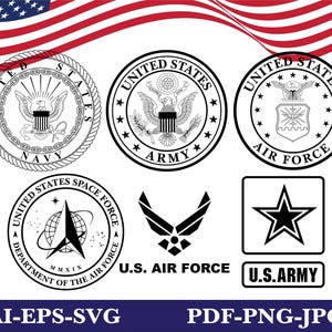May include: A collection of black and white graphic emblems representing the United States military branches, including the Navy, Army, Air Force, and Space Force, with text labels and a stylized American flag waving at the top of the image.