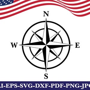 May include: A black and white compass rose graphic featuring four cardinal directions labeled N, S, E, and W. The design includes a central star shape within circular rings. The text AI-EPS-SVG-DXF-PDF-PNG-JPG is displayed at the bottom.