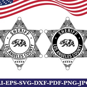 May include: Two black and white six-pointed star-shaped sheriff badges featuring a central bear illustration. The text reads SHERIFF LOS ANGELES COUNTY. The badges have intricate geometric patterns and five small stars at the bottom point.