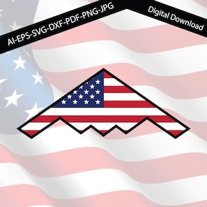 Könnte beinhalten: Vektorgrafik eines Stealth-Bombers mit dem Design der amerikanischen Flagge. Das Bild ist schwarz umrandet und vor einem verschwommenen Hintergrund der amerikanischen Flagge platziert. Der Text oben lautet "AI-EPS-SVG-DXF-PDF-PNG-JPG" und "Digital Download".