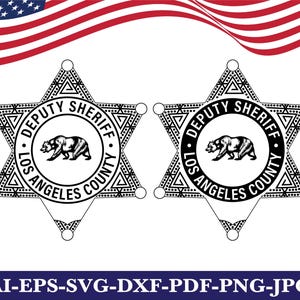 May include: Two black and white six-pointed star-shaped badges featuring a central circle with a bear illustration. The text reads DEPUTY SHERIFF LOS ANGELES COUNTY. The badges have intricate geometric patterns and small circles at each point.