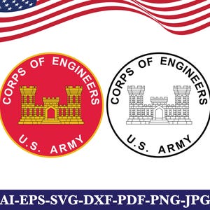 Pode incluir: Dois emblemas circulares do Corpo de Engenheiros do Exército dos EUA. Um é vermelho com detalhes dourados, o outro é preto e branco. Ambos apresentam um desenho de castelo e o texto "CORPS OF ENGINEERS" e "U.S. ARMY". A bandeira americana está ao fundo.